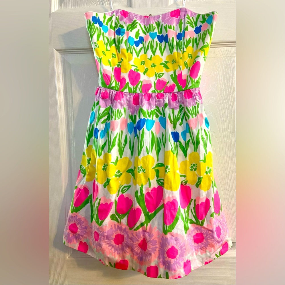 Lilly Pulitzer Strapless Dress Sz 00 Yellow, Blue, Pink Floral Summer Cotton